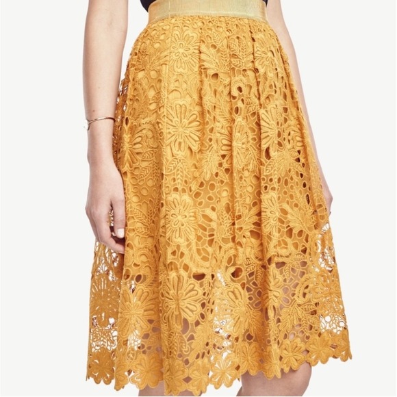 Ann Taylor Dresses & Skirts - Ann Taylor Mustard Yellow Floral Eyelet Lace Midi Skirt Size 12 A-Line